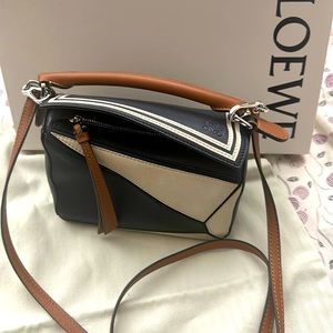 Loewe Mini Puzzle Bag Navy White Tan